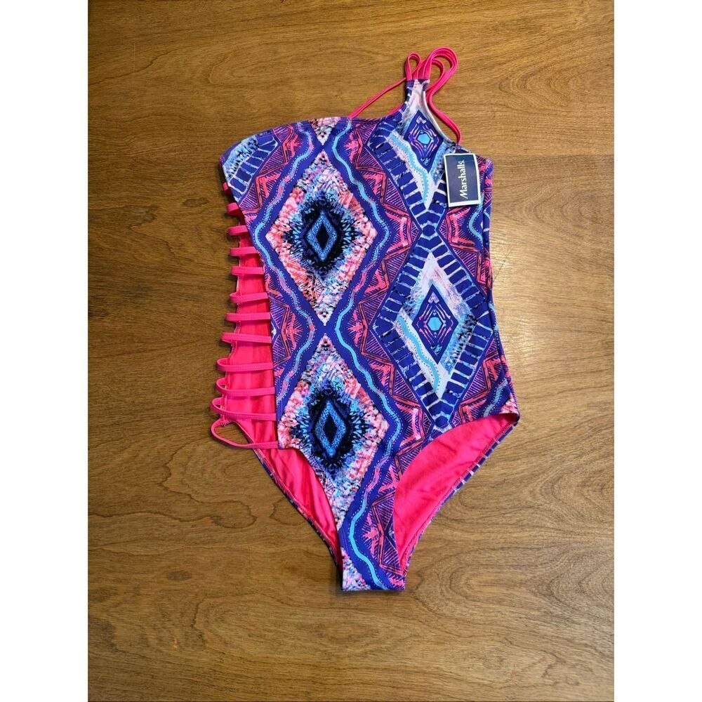 NWT Marshall’s Women's One Shoulder Cutout One-Piece Swimsuit Blue Pink Medium